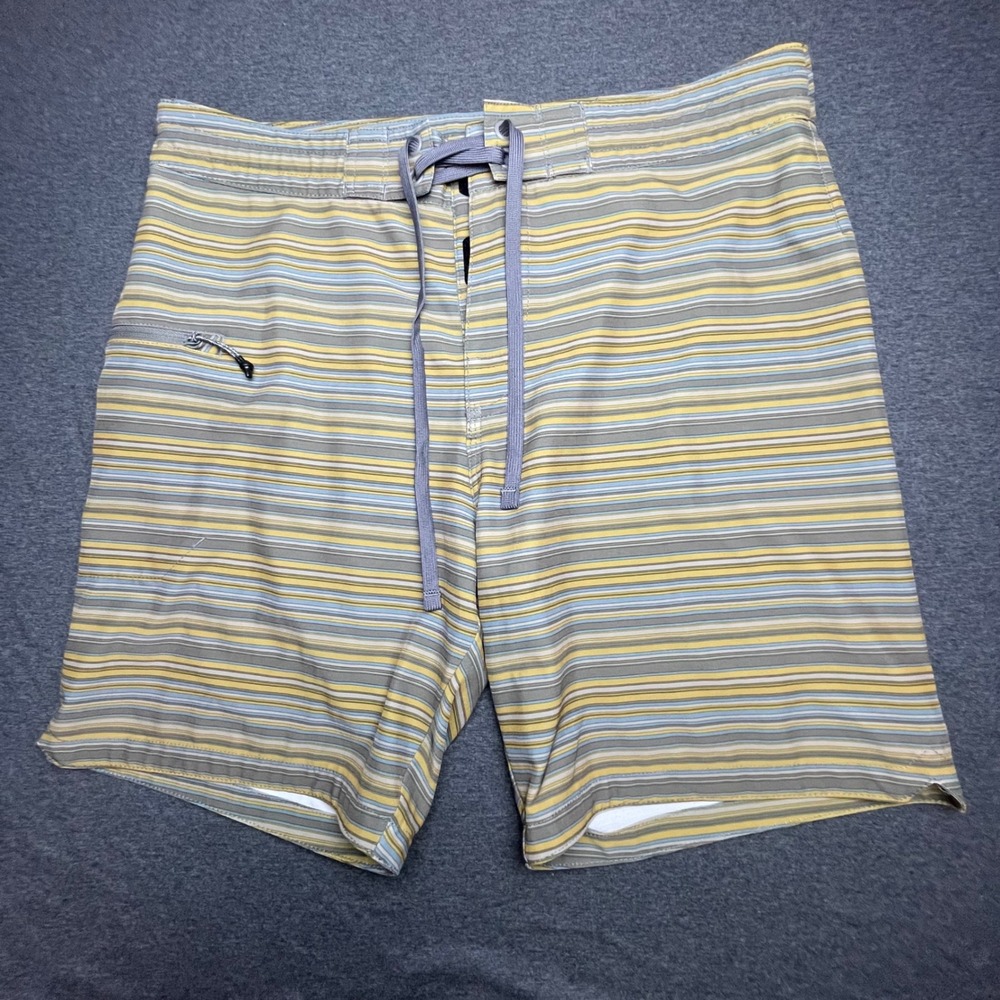 Prana Mens Striped Board Shorts Yellow Blue Grey Size 31‎ Swim Trunks 1969521